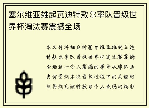 塞尔维亚雄起瓦迪特敖尔率队晋级世界杯淘汰赛震撼全场