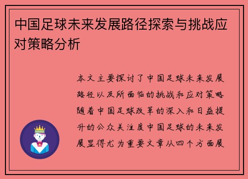 中国足球未来发展路径探索与挑战应对策略分析
